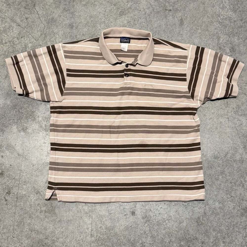 Patagonia Men's Organic Cotton Striped Polo Shirt Brown Tan Size L